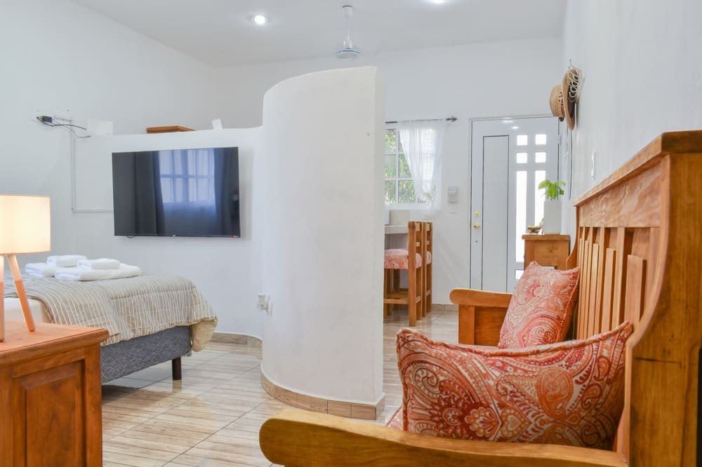 Frida apartment at Perfect Place — open studio layout with a 55-inch Smart TV and seating area